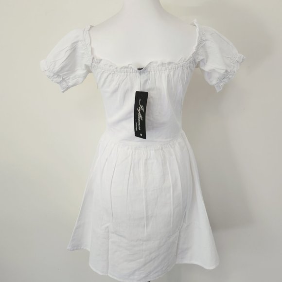 White Puff Sleeve Lace Up Milkmaid Puff Sleeve Sweetheart Skater Dress Cotton - Picture 11 of 15